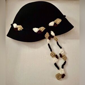 Black Winter Bucket Hat with Crochet Floral Trim Details